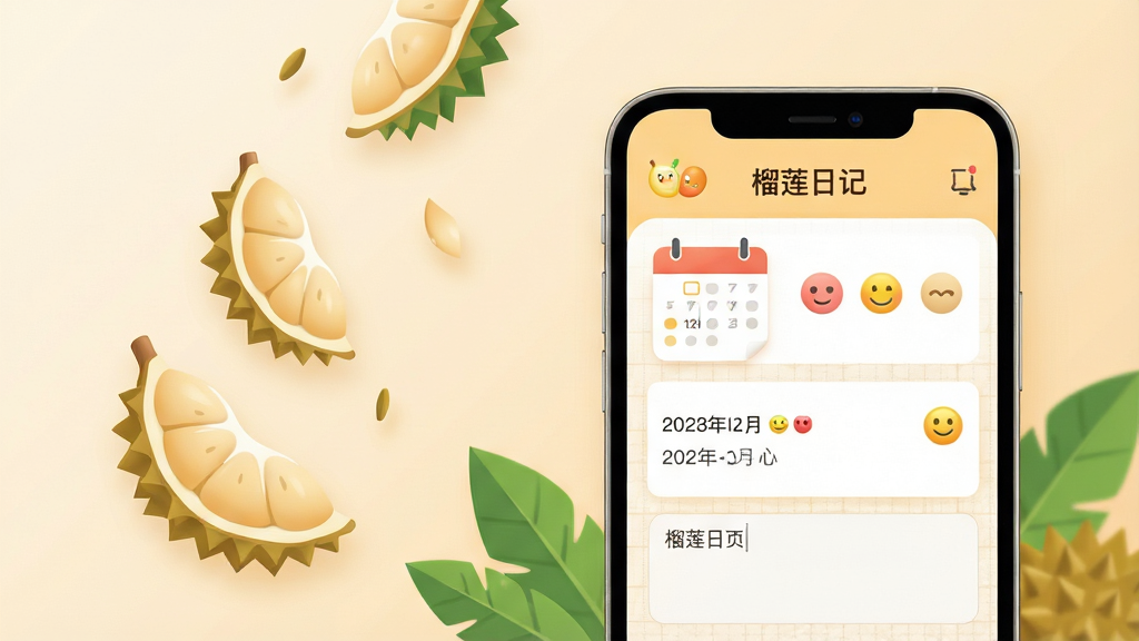 主体:一部亮着屏幕的智能手机,屏幕上清晰显示“榴莲日记”APP的简洁主界面,界面内有日历、心情图标和文字输入区域。布局:手机位于画面中央偏右,左侧留白处有几片飘落的榴莲果肉和绿色树叶作为点缀,背景是柔和的米黄色渐变。排版:手机屏幕内容为主视觉,周围元素不遮挡界面文字,整体构图平衡。风格:扁平化结合轻微拟物质感,色彩温暖明亮,充满生活气息。细节:手机屏幕中展示一篇带有日期和心情表情的日记条目,界面文字清晰可读,背景有淡淡的网格纹理。画质:4K高清,干净,无多余元素。