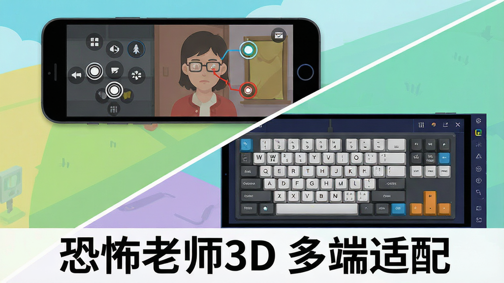 主体:一张分屏对比图,上半部分显示手机竖屏操作界面,下半部分显示电脑模拟器横屏操作界面,都标注了关键操作按键位置。布局:左右对称布局,中间用一条斜线分割,清晰展示两种操作模式。排版:图片底部有“恐怖老师3D 多端适配”字样。风格:扁平化示意图风格,色彩明亮清晰。细节:手机屏幕上有触控点指示,电脑屏幕上有键盘按键高亮。画质:高清,界面干净,无多余元素。