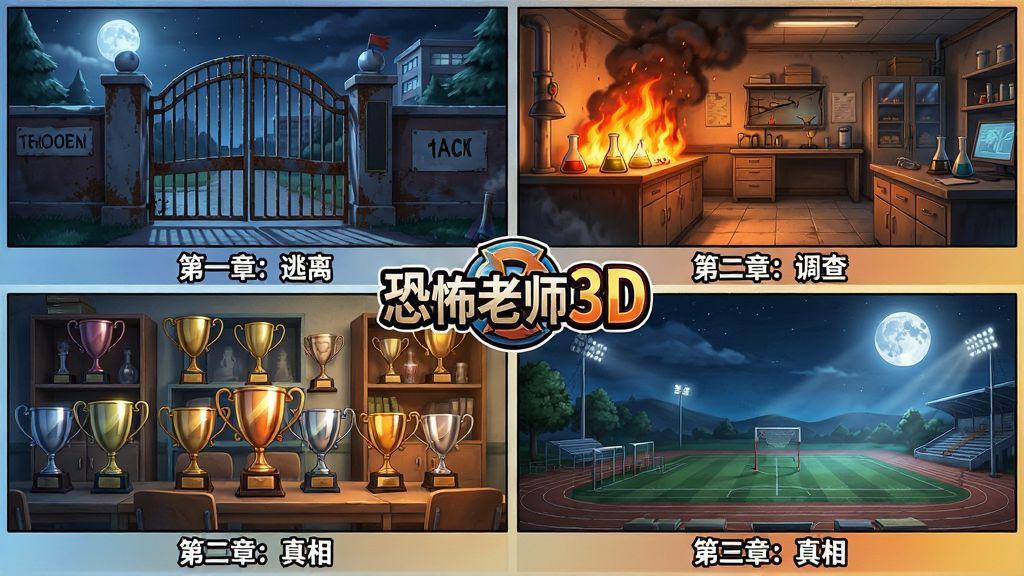 主体:四格漫画风格的剧情预告图,分别展示游戏中的四个关键场景:夜晚的校门、燃烧的实验室、堆满奖杯的荣誉室和月光下的操场。布局:采用2x2网格布局,每个场景占据一格,中心交叉点有“恐怖老师3D”的LOGO。排版:每格下方有简短文字说明,如“第一章:逃离”、“第二章:调查”、“第三章:真相”。风格:半写实半插画风格,色彩从冷到暖渐变,暗示剧情发展。细节:每个场景都有标志性元素,如校门上的铁锈、实验室的火焰、奖杯的反射光。画质:高清渲染,画面干净,构图整齐。