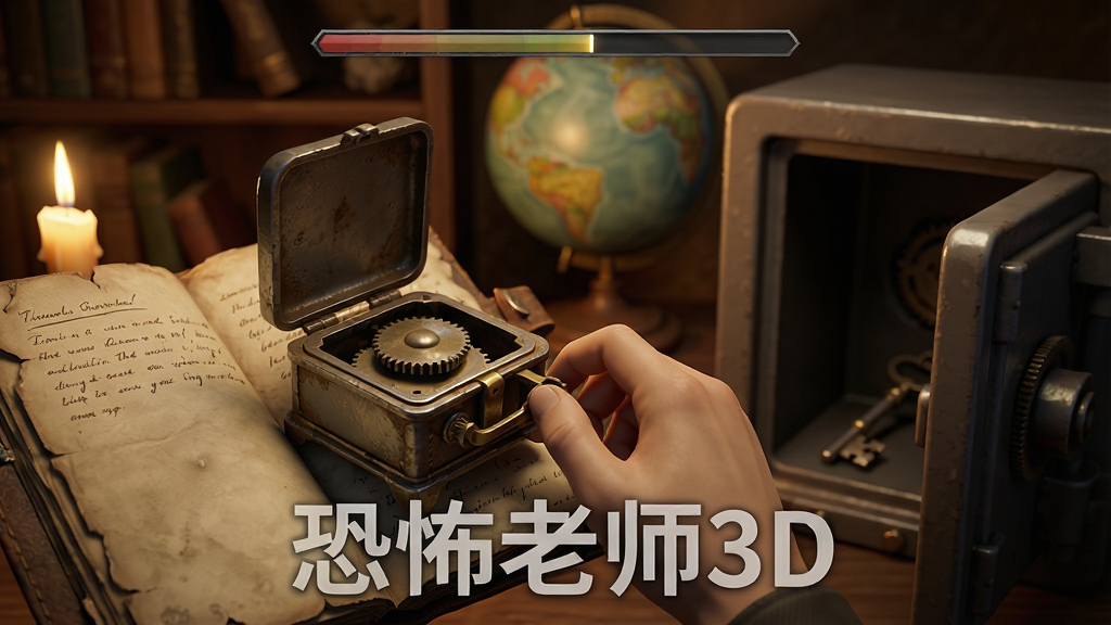 主体:游戏解谜场景特写,玩家角色手持一个老旧的音乐盒,正在根据一本破旧日记上的提示转动发条,旁边是一个开启的保险柜,里面放着钥匙。布局:特写镜头,聚焦在角色双手和音乐盒上,背景虚化处理,可以看到书架和地球仪。排版:画面中央偏下位置有“恐怖老师3D”的透明水印,屏幕上方有解谜进度条。风格:写实风格,色调温暖但诡异,烛光作为主要光源,营造神秘氛围。细节:音乐盒的金属质感、日记本上的字迹、保险柜的机械结构都刻画精细。画质:高分辨率,浅景深效果,画面干净,主体突出。