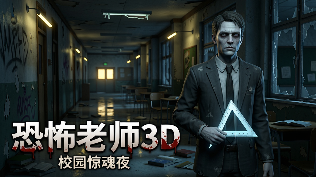 主体:游戏主视觉图,一名面色苍白、身穿老旧西装、眼神空洞的男老师站立在昏暗的学校走廊中央,周围是散落的课本和破碎的窗户。布局:老师位于画面中央偏右,左侧留出大量空间展示走廊的纵深和墙壁上摇晃的灯管,走廊尽头有微弱的光源。排版:画面下方三分之一处为游戏标题“恐怖老师3D”,字体为带有血迹效果的粗体艺术字,标题下方一行小字“校园惊魂夜”。风格:写实3D渲染风格,整体色调以冷暗色为主,辅以暖黄色的灯光点缀,营造不安和压抑的氛围。细节:墙面有剥落的墙皮和涂鸦,地面有反射的光影,老师手中握着一把发出寒光的三角尺,背景中隐约可见课桌椅的轮廓。画质:8K超高清,光线追踪效果,画面干净,构图紧凑,无多余元素。