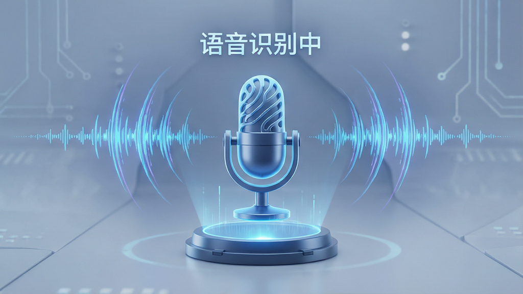 互动引擎智能语音功能展示,主体为麦克风图标与声波波纹,布局居中,排版富有科技感,风格未来主义,细节包括语音波形动画和“语音识别中”文字,画质清晰,干净,无多余元素