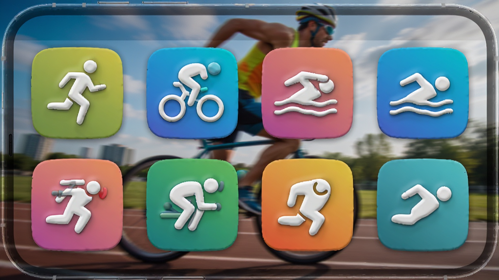 SmartTrack运动模式界面截图,主体为手机应用界面展示多种运动图标,包括跑步、骑行、游泳等,背景为动态运动场景虚化,布局采用网格排列,排版整齐,风格明亮活泼,细节包括图标立体感和色彩渐变,画质清晰,干净无多余元素