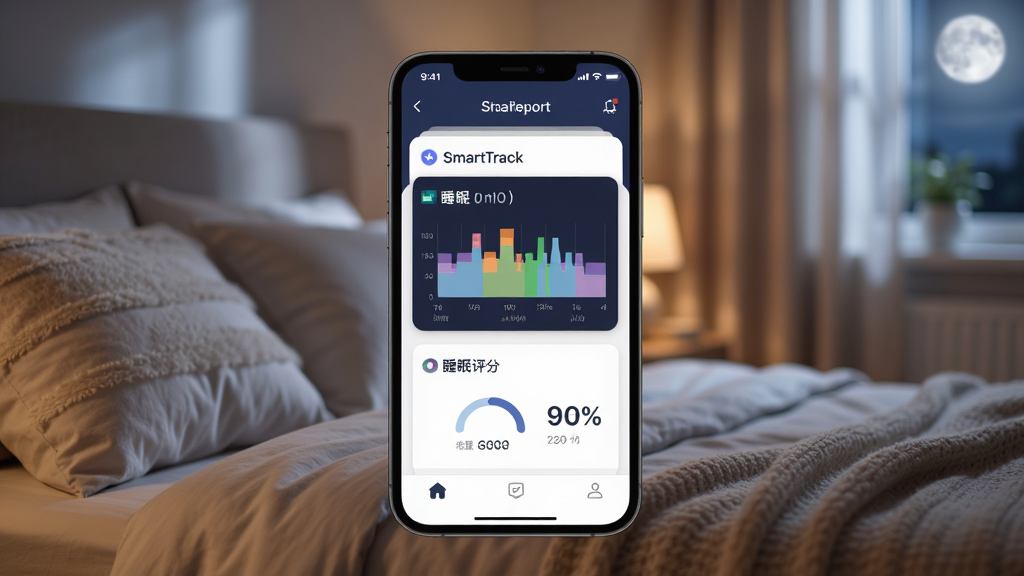 SmartTrack睡眠分析功能展示图,主体为手机应用睡眠报告页面,显示睡眠阶段分布图和睡眠评分,背景为温馨的卧室场景,布局以报告卡片为中心,排版简洁,风格柔和温馨,细节包括床品纹理和月光效果,画质高清,干净无多余元素