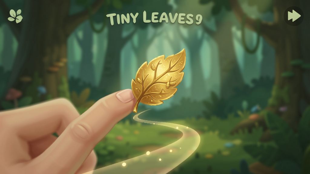 一张Tiny Leaves游戏操作演示图,画面中一只手指正在拖拽一片金色叶片,叶片下方有微光引导路径,背景为模糊的森林,布局简洁,风格清新,细节丰富,画质干净。