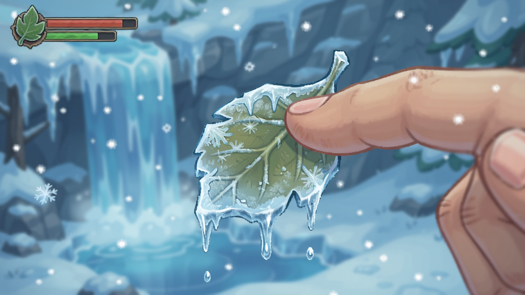 一张Tiny Leaves游戏内实机截图,画面展示冬季场景,雪花飘落,一片被冰霜覆盖的叶片在玩家指尖下缓缓融化,背景有冻结的瀑布,整体色调冷蓝,风格手绘,细节丰富,画质干净。