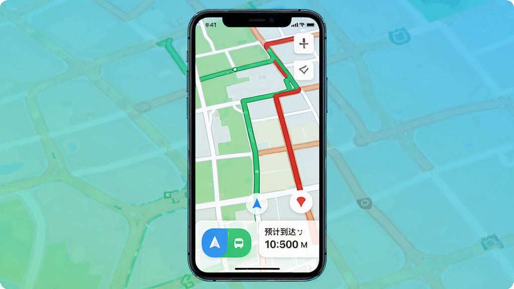 优路达App主界面展示,智能手机屏幕内显示彩色地图路线规划界面,绿色畅通路线与红色拥堵路段清晰标注,底部有导航按钮与预计到达时间卡片,整体界面简洁现代,扁平化设计风格,高饱和色彩,画质干净,无多余元素