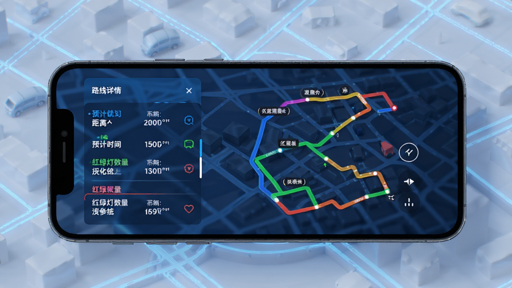 优路达路线规划功能示意图,手机屏幕展示多条不同颜色的路线对比,左侧有路线详情列表,包含距离、预计时间、红绿灯数量等信息,背景为简约城市道路网格,科技感蓝色调,高清渲染,画质干净