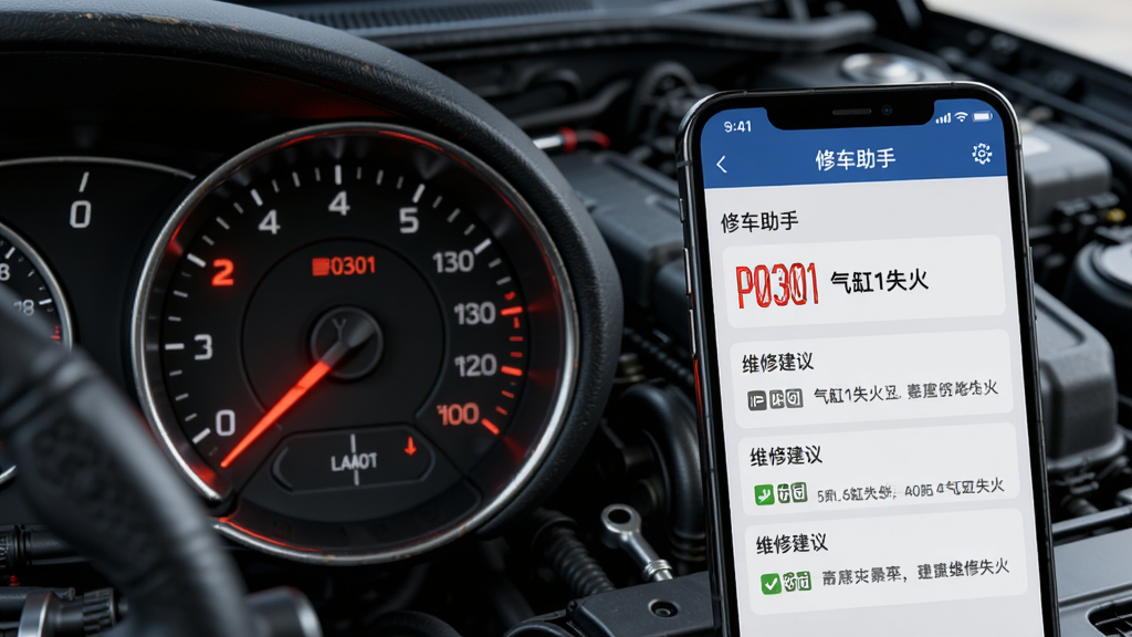 汽车仪表盘故障灯亮起,旁边一部手机显示“修车助手”故障码解析界面,列出“P0301 气缸1失火”及维修建议,背景为发动机舱,画面清晰,科技感,高画质,无多余元素