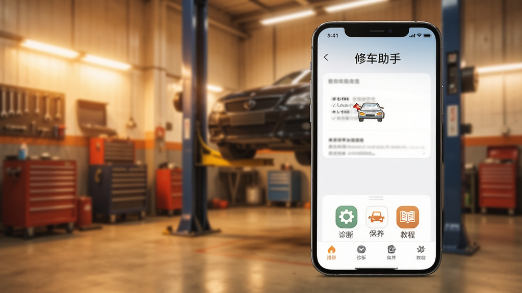 一部手机显示“修车助手”主界面,下方有“诊断”“保养”“教程”图标,背景为模糊的汽车维修车间,暖色调,干净简洁,高画质,无多余元素