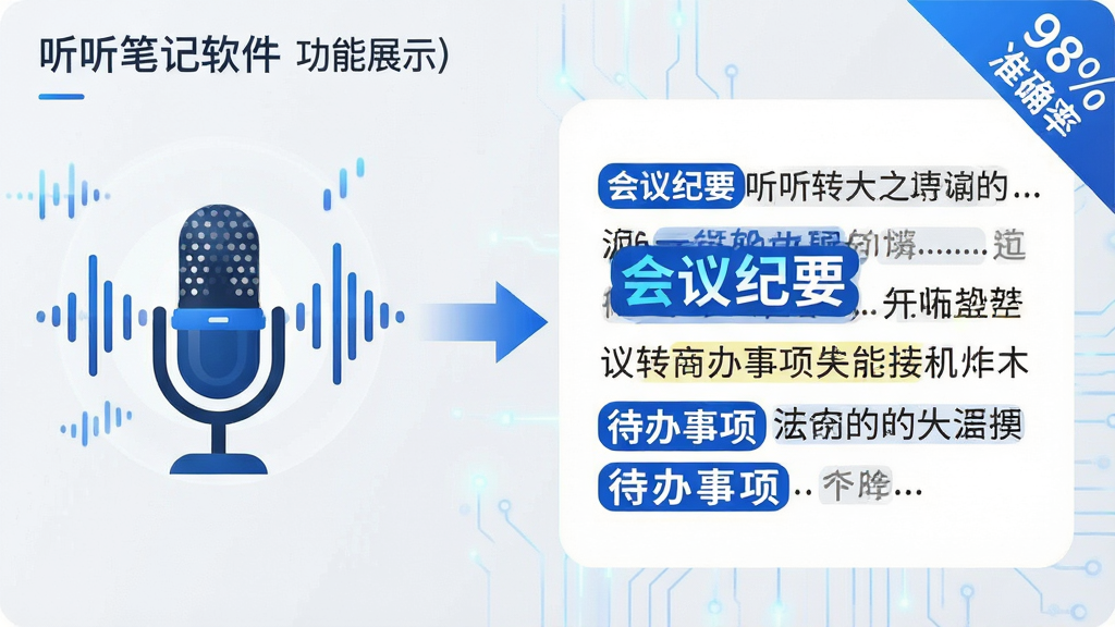 主体:听听笔记软件功能展示图,突出语音转文字的高效性。布局:左侧为麦克风与声波图形,右侧为一段带高亮关键词的文字段落,背景为淡灰色,中间用箭头连接。排版:左右分栏,重点信息用彩色标签突出。风格:商务科技感,蓝白主色调。细节:文字段落中“会议纪要”“待办事项”用蓝色加粗,右侧附有“98%准确率”角标。画质:清晰锐利,干净,无多余元素。