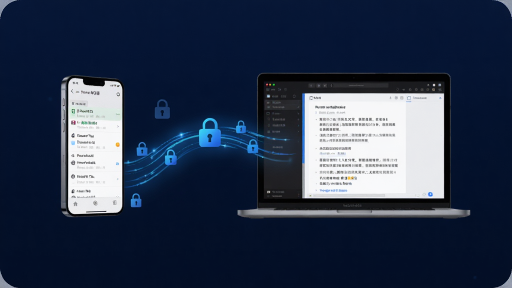 主体:展示听听笔记多端同步与加密功能的合成图。布局:背景为深蓝色,中央悬浮一个手机与一台电脑,两者间用光线连接,光线中带有锁形图标。排版:设备分布均衡,光线动态延伸。风格:科技感光效,简洁大气。细节:手机屏幕显示加密笔记列表,电脑屏幕显示同一篇笔记的编辑界面,光线为蓝色。画质:高清,干净,无多余元素。