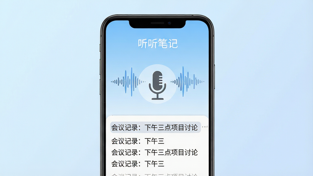 主体:一款名为“听听笔记”的安卓手机应用界面,屏幕上显示语音波形转换为文字的动态过程。布局:手机居中,背景为淡蓝色渐变,手机屏幕内上方有“听听笔记”字样,中间是麦克风图标与声波动画,下方是实时滚动出现的文字段落。排版:界面上下结构清晰,文字对齐规整。风格:现代扁平化设计,色彩明快,干净简洁。细节:屏幕中文字为“会议记录:下午三点项目讨论”,字体清晰。画质:高清渲染,质感细腻,干净,无多余元素。