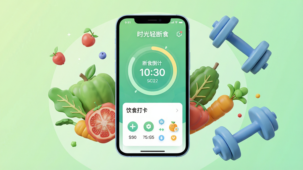 主体:时光轻断食App的3D概念展示图,中央悬浮手机屏幕,界面显示断食倒计时与饮食打卡页面。布局:手机居中,左右两侧有水果蔬菜与哑铃等健康元素环绕。排版:手机屏幕内容清晰可见,界面UI简洁现代。风格:扁平化与3D结合,色彩清新明亮。细节:屏幕内显示“时光轻断食”字样与时间环,背景为浅绿色渐变。画质:高分辨率,干净,无多余元素。