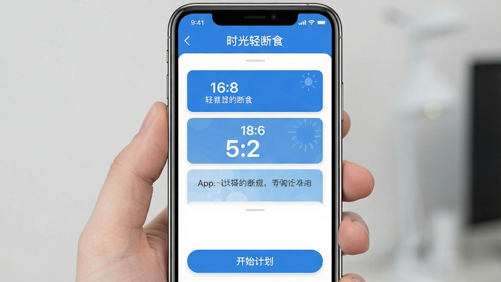 主体:手机界面展示时光轻断食App的断食计划设置页面。布局:手机屏幕中央显示计划选择卡片,有16:8、18:6、5:2等选项。排版:卡片式布局,每张卡片有简单说明。风格:扁平化设计,蓝色与白色主调。细节:屏幕上方有“时光轻断食”字样,底部有“开始计划”按钮。画质:清晰,干净,无多余元素。