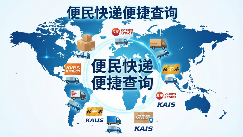 主体:一张世界地图背景,中央显示多个快递公司logo图标环绕着“便民快递便捷查询”字样。布局:地图居中,图标围绕成环形。排版:上方为标题“便民快递便捷查询”,下方为各快递logo。风格:科技感,蓝色调。细节:每个logo下方有小型物流车辆图标,线条流畅。画质:高清,干净,无多余元素。