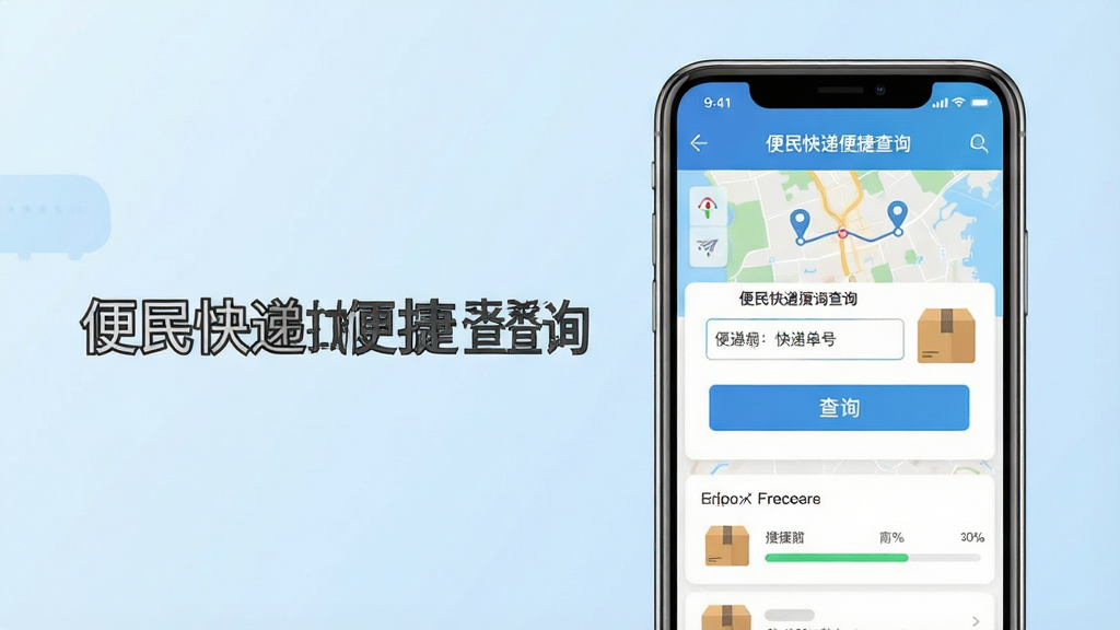 主体:手机屏幕展示“便民快递便捷查询”软件界面,界面中央显示一个快递单号输入框和“查询”按钮,旁边有快递包裹图标。布局:手机居中,背景为淡蓝色渐变,界面干净。排版:左侧为软件名称文字“便民快递便捷查询”,右侧为手机。风格:扁平化设计,简洁现代。细节:手机屏幕上有物流轨迹地图和包裹进度条,文字清晰。画质:高清,干净,无多余元素。
