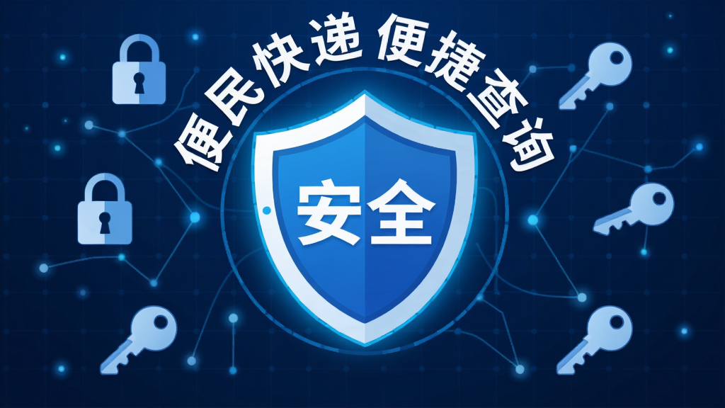 主体:一个盾牌图标中央写着“安全”二字,周围环绕着“便民快递便捷查询”字样,背景为蓝色科技网格。布局:盾牌居中,周围有锁头和钥匙图标。排版:文字环绕盾牌排列。风格:扁平化,蓝白配色。细节:盾牌边缘有发光效果,背景网格有微弱光点。画质:高清,干净,无多余元素。