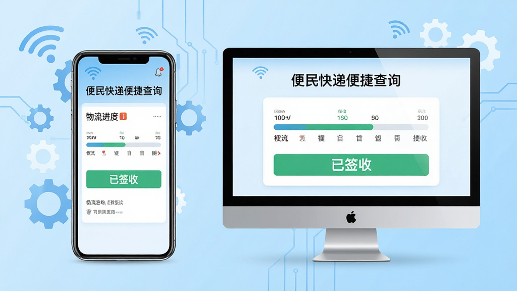 主体:一部手机和一台电脑并排放置,屏幕上均显示“便民快递便捷查询”的查询结果界面。布局:左右对称,手机在左,电脑在右。排版:界面中显示物流进度条和“已签收”字样。风格:科技感,浅蓝色背景。细节:手机和电脑周围有Wi-Fi信号图标和齿轮图标。画质:高清,干净,无多余元素。