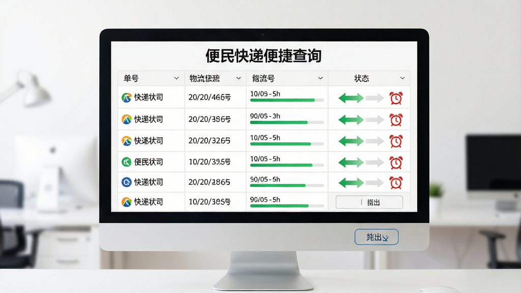主体:电脑屏幕显示“便民快递便捷查询”的批量查询界面,表格中列出多个单号的物流状态。布局:屏幕居中,左侧为单号列表,右侧为状态图标。排版:表格清晰,每行有快递公司名称和进度条。风格:商务简洁,白色背景。细节:状态图标为绿色箭头和红色闹钟,底部有导出按钮。画质:高清,干净,无多余元素。