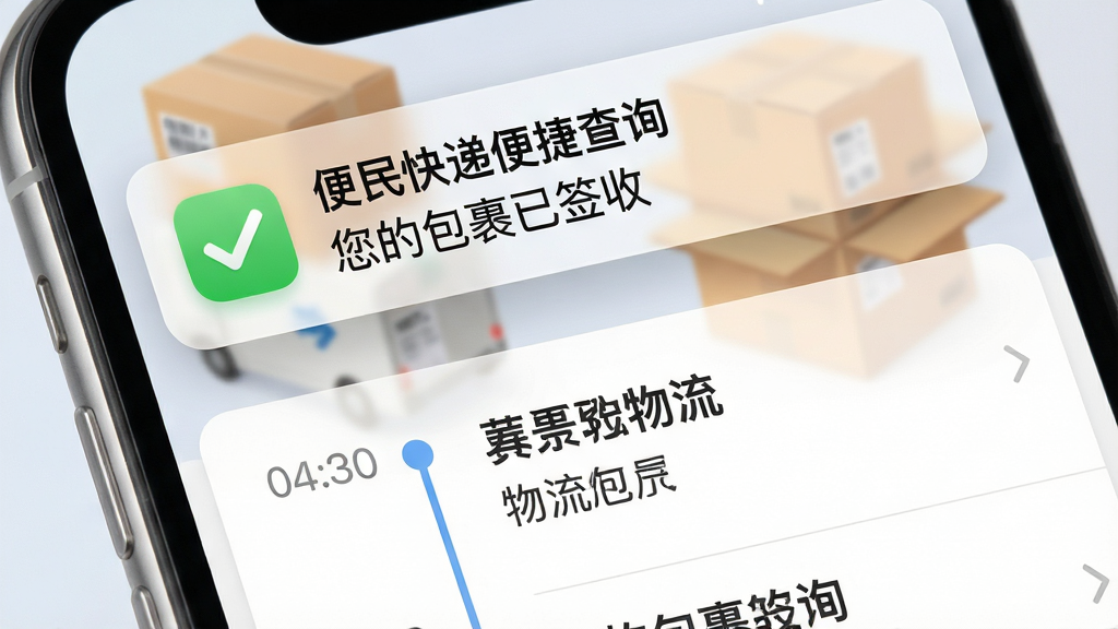 主体:手机通知栏显示一条“便民快递便捷查询”的推送消息,消息内容为“您的包裹已签收”。布局:手机屏幕特写,通知栏在顶部,下方为物流详情列表。排版:左侧为时间线,右侧为物流状态文字。风格:拟物化,柔和色彩。细节:通知图标为绿色对勾,背景有模糊的快递箱图案。画质:高清,干净,无多余元素。