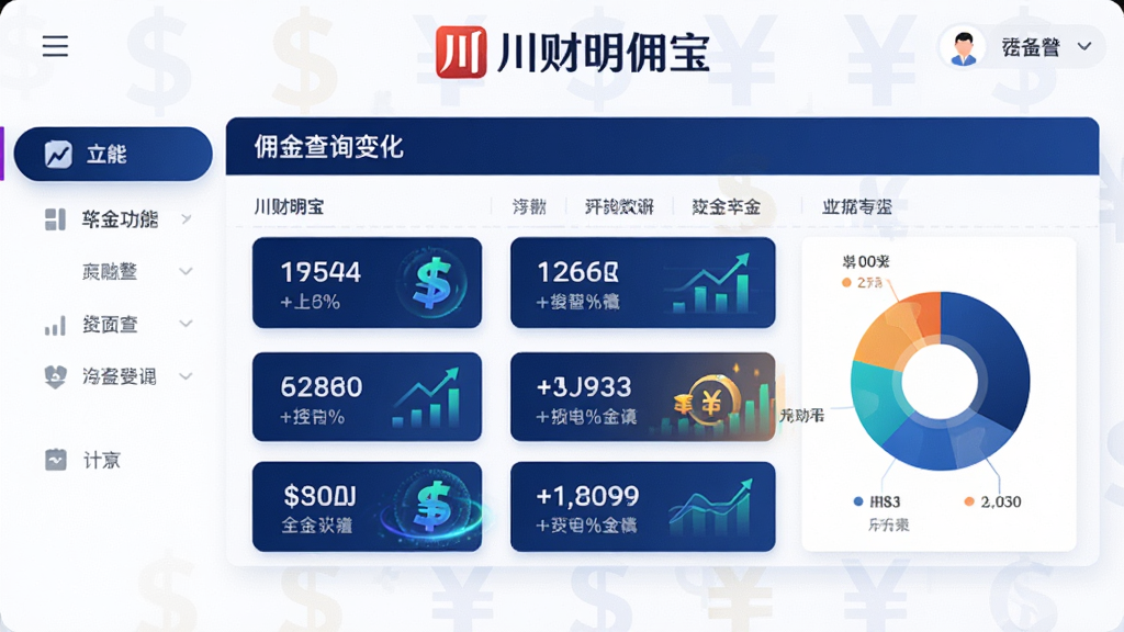 主体:川财明佣宝App的佣金查询功能界面,以图表形式展示佣金数据变化;布局:左侧为功能菜单图标,右侧大面积展示数据表格和饼状图;排版:数据条目采用卡片式布局,每一项都配有醒目的数字和百分比;风格:商务科技风,界面以白色和深蓝色为主;细节:屏幕正上方显示“川财明佣宝”的Logo,数据图表动态效果,背景有淡化的货币符号纹理;画质:高清渲染,干净整洁无多余元素。