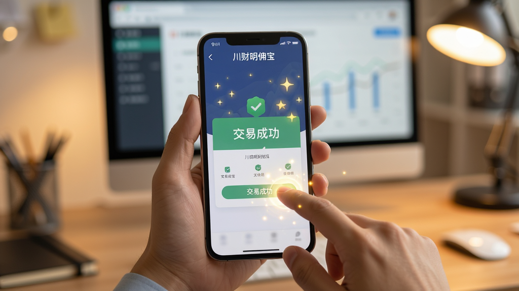 主体:手持手机操作川财明佣宝App的场景,手机屏幕显示交易成功界面;布局:一只手握住手机,背景为模糊的办公桌和电脑屏幕,营造真实使用环境;排版:手机屏幕居中,界面清晰可见,手指点击屏幕的瞬间有轻微光效;风格:写实风格,结合温暖的室内光线;细节:屏幕上有“川财明佣宝”字样和“交易成功”提示,周围有星星点点的光斑;画质:高清,干净无多余元素。