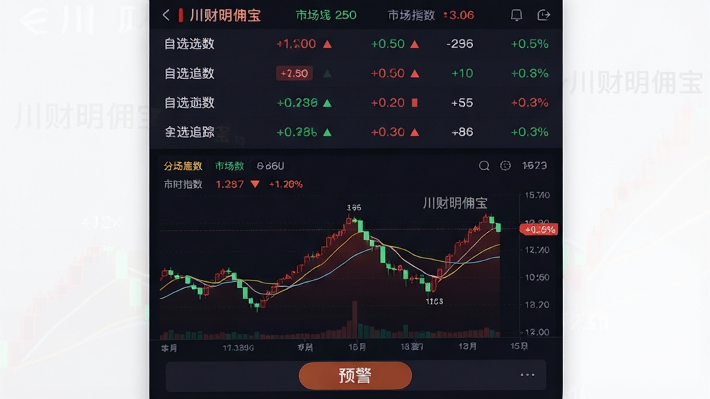主体:川财明佣宝App的行情追踪界面,展示多只股票的实时价格走势图;布局:屏幕分为上下两部分,上方是自选股列表,下方是放大后的分时走势图;排版:走势图线条流畅,红绿色涨跌清晰,列表项带涨跌幅标签;风格:深色背景搭配亮色数据,突出科技感和专注感;细节:走势图上有“川财明佣宝”水印,顶部显示市场指数,底部有预警按钮;画质:4K高清,干净无多余元素。