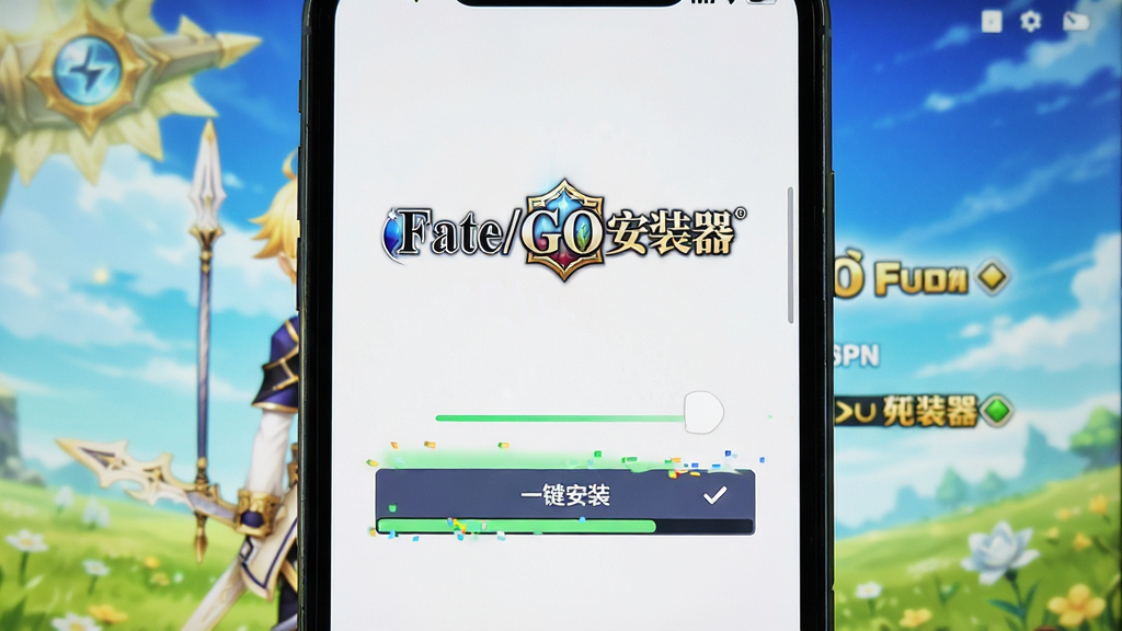 展示手机屏幕中Fate/GO安装器界面,点击“一键安装”按钮后,进度条快速推进,背景为游戏登录界面,画面明亮清晰,突出“Fate/GO安装器”品牌标识,画质干净,无多余元素。