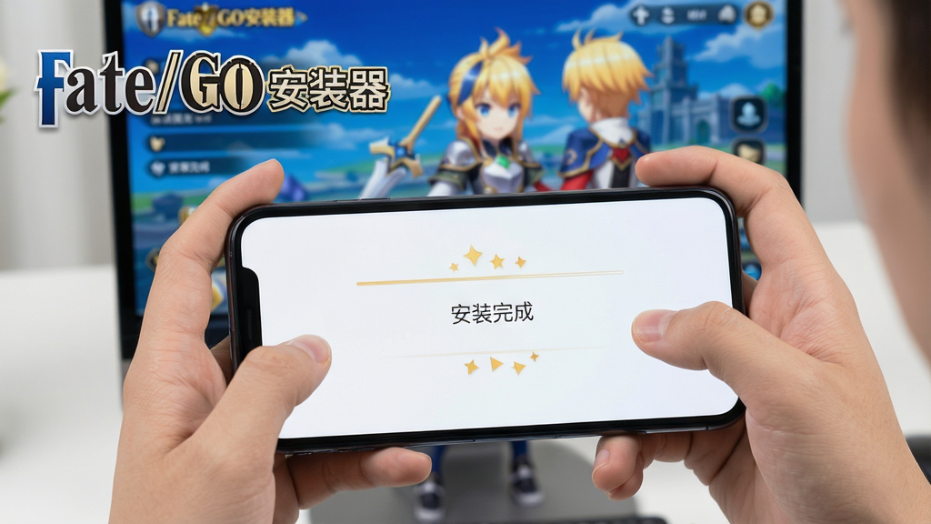 展示玩家在手机上操作Fate/GO安装器,界面显示“安装完成”提示,背景为游戏主界面,画面明亮整洁,突出“Fate/GO安装器”logo,画质干净,无多余元素。