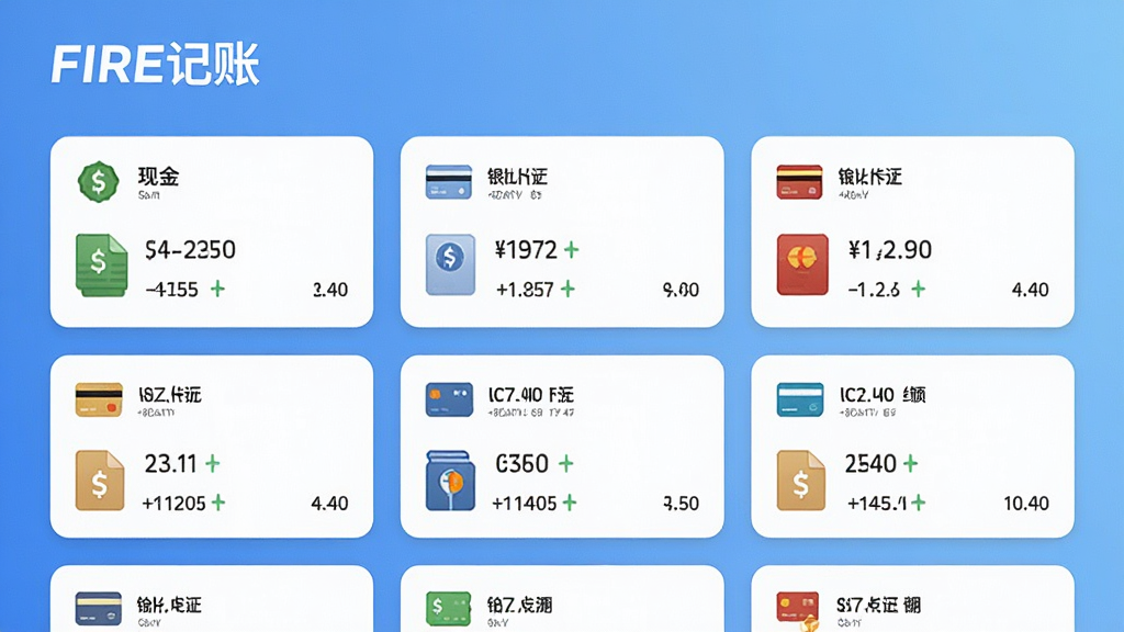 一张FIRE记账多账户资产管理功能的界面预览图,屏幕中显示不同类型的账户卡片,包括现金、银行卡、信用卡等,每个卡片上标注余额和图标,背景为淡蓝色渐变,整体布局整齐,突出“FIRE记账”品牌,画质细腻,无多余元素。