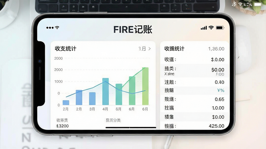 一张展示FIRE记账应用主界面的高清截图,画面中央显示清晰的收支统计图表与分类明细,背景为简洁的浅色渐变,整体风格干净明亮,突出“FIRE记账”品牌名称,界面布局合理,文字清晰可读,画质细腻,无多余元素。