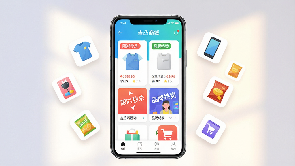 主体:吉凸商城App界面展示,手机屏幕上显示商品分类、优惠活动、购物车图标,背景有柔和的光影效果,布局:居中构图,手机为视觉中心,周围漂浮着商品小图标如衣服、手机、零食,排版:简洁明快,突出App名称“吉凸商城”字样,风格:现代扁平化设计,色彩明亮清新,细节:屏幕内容清晰可辨,有“限时秒杀”“品牌特卖”标签,画质:高清渲染,干净,无多余元素。