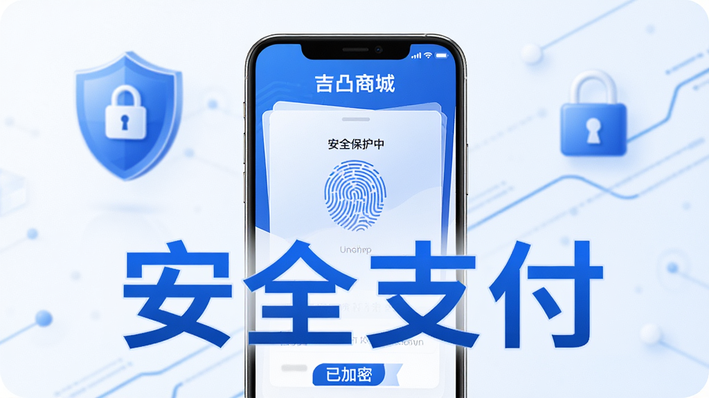 主体:吉凸商城支付安全界面,手机显示指纹支付和“安全保护中”字样,布局:手机居中,背景有盾牌和锁图标,排版:简洁清晰,突出“安全支付”四个字,风格:科技蓝配色,稳重专业,细节:有“已加密”标签,画质:高清,干净,无多余元素。