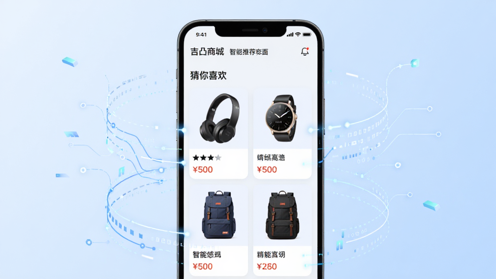 主体:吉凸商城智能推荐界面,手机屏幕显示“猜你喜欢”板块,商品卡片有评分和价格,布局:手机居中,周围有数据流动线条表示算法,排版:卡片式布局,清晰展示商品图、名称、价格,风格:科技感与时尚结合,背景淡蓝,细节:推荐商品包括耳机、手表、背包,画质:高清,干净,无多余元素。