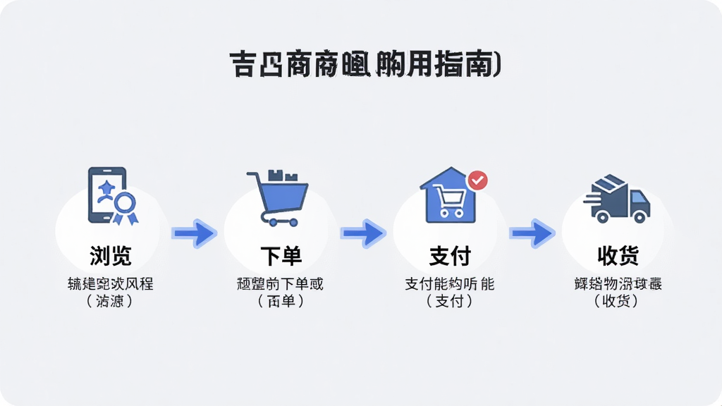 主体:吉凸商城使用指南配图,手机显示购物流程步骤图,布局:步骤图分四步:浏览、下单、支付、收货,排版:横向时间轴,每一步有图标和文字说明,风格:简约信息图,背景浅灰,细节:步骤清晰,有箭头连接,画质:清晰,干净,无多余元素。