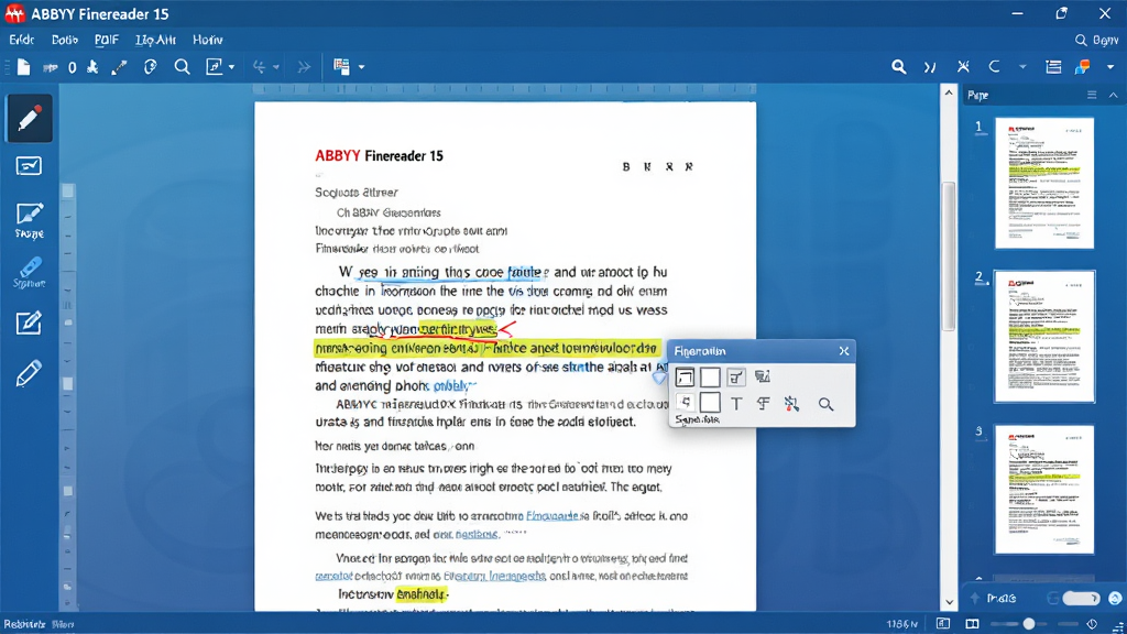 ���壺ABBYY FineReader 15 ��PDF�༭���档���֣����������Ǵ򿪵�PDF�ļ�����๤�����б༭��ע�͡�ǩ����ͼ�꣬�Ҳ���ʾҳ������ͼ���Ű棺���½ṹ�������˵������ײ�״̬�����м�Ϊ�ĵ��༭���������ˬ����ɫ���䱳����ͼ���ࡣϸ�ڣ�PDFҳ���и�����ʾһ�����ڱ༭�����֣��Ա��и��������������ʣ����壬�ɾ����޶���Ԫ�ء�