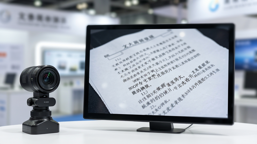 文香展台高清画质演示图,主体为屏幕中显示的清晰文档文字特写,左侧为实物摄像头,画面锐利无噪点,背景虚化,整体风格专业干净,突出细节表现力,画质高清,无多余元素