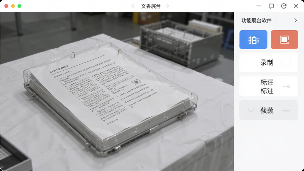 文香展台软件主界面预览图,主体为软件运行界面,左侧显示实物文档高清预览画面,右侧为功能控制栏,包含拍摄、录制、标注等按钮,布局清晰简洁,风格现代科技感,画质高清干净,无多余元素