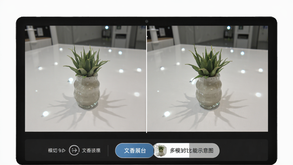 文香展台多模式对比功能示意图,主体为电脑屏幕中左右分屏显示两个实物图像,中间有分割线,底部功能栏有模式切换按钮,布局清晰,风格简洁明了,画质干净,无多余元素