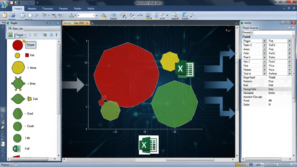 主体:Microsoft Visio 2013画布上显示一个数据图表,形状大小和颜色根据数据值动态变化,旁边有数据源连接窗口。布局:左侧为形状列表,右侧为数据源字段映射面板,中央为动态图表。排版:清晰的数据映射关系,用箭头示意。风格:商务科技风,数据感强。细节:图表中不同形状呈现红黄绿三种颜色,大小不一,底部有Excel图标。画质:高分辨率,干净,无多余元素。