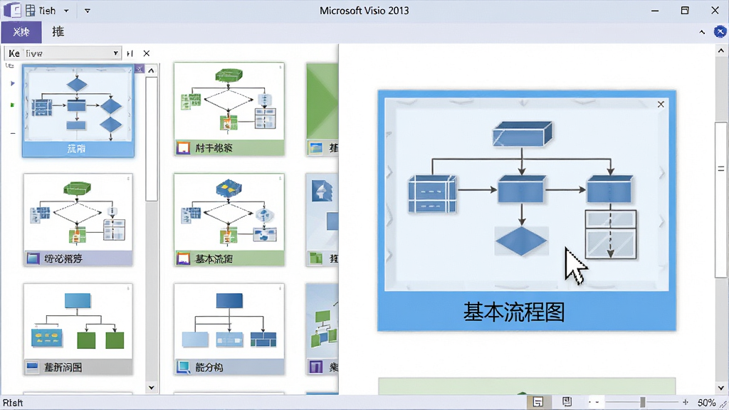 主体:Microsoft Visio 2013的模板选择界面,展示多个模板缩略图,如流程图、网络图、组织结构图。布局:界面左侧列表,右侧大图预览,中央高亮一个“基本流程图”模板。排版:整齐的网格状排列,色彩柔和。风格:典型Windows 8扁平化风格,简洁明快。细节:每个模板缩略图下方有名称标签,鼠标指针悬停在“基本流程图”上。画质:高清晰度,干净,无多余元素。