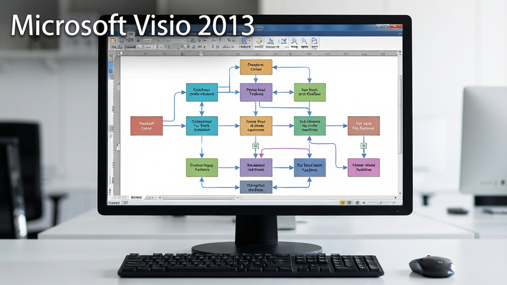 主体:一台运行着Microsoft Visio 2013的电脑屏幕,屏幕上展示了一张专业的业务流程图,包含多个不同颜色的流程框和箭头连接线。布局:屏幕居中,周围有简洁的办公桌面环境,键盘和鼠标在前景。排版:画面主体突出屏幕内容,文字“Microsoft Visio 2013”以白色字体显示在屏幕左上角。风格:科技感与商务感结合,明亮清晰。细节:流程框内文字清晰可辨,线条流畅,色彩区分明显。画质:高分辨率,干净,无多余元素。