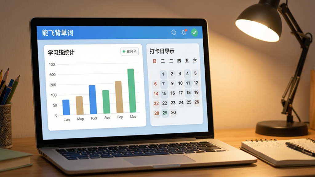 能飞背单词软件在电脑上运行的照片,显示学习统计界面,界面中有柱状图和打卡日历,背景为书桌,有台灯和笔记本,整体氛围温馨,包含“能飞背单词”字样,画质清晰