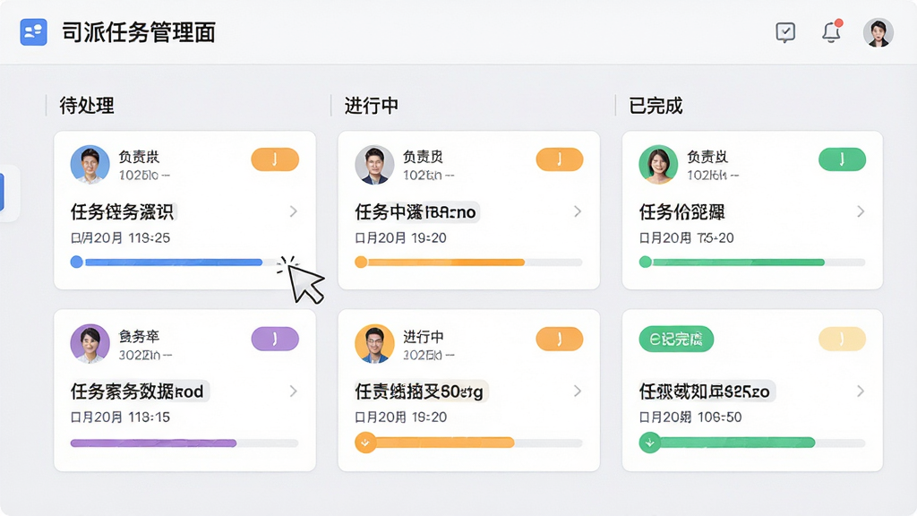 主体:司派任务管理面板,展示看板式任务卡片,按“待处理”“进行中”“已完成”分列。布局:横向三列,卡片带有负责人头像与进度条。风格:简洁明快,浅灰色背景,彩色标签。细节:任务标题清晰,日期标注,拖拽操作示意。画质:高清,干净,无多余元素。
