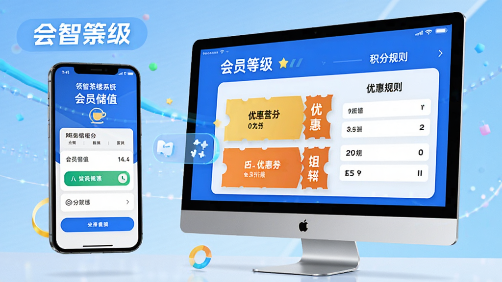 领智茶楼管理系统会员营销功能展示,手机与电脑屏幕互动的画面,屏幕上显示会员储值界面和优惠券模板,背景有“会员等级”和“积分规则”字样,设计风格现代,色彩明亮,突出数字化营销概念