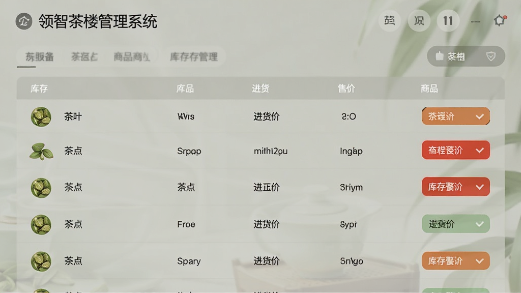 领智茶楼管理系统商品库存管理页面,列表形式展示茶叶、茶点等商品信息,包含库存数量、进货价、售价等字段,界面背景柔和,数据清晰,带有库存预警高亮显示,画面专业整洁