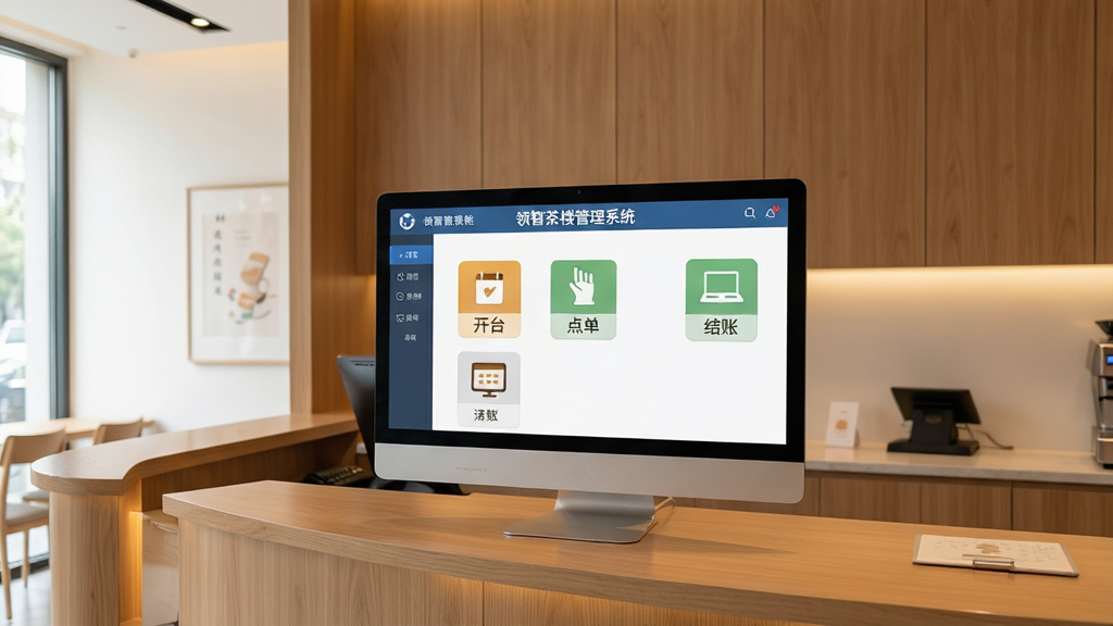 一张现代简约风格的茶楼前台场景,电脑屏幕上清晰显示“领智茶楼管理系统”的界面,界面包含开台、点单、结账等清晰图标,整体布局规整,色调以木质暖色为主,画面干净明亮,突出专业与高效,画质高清,无多余元素