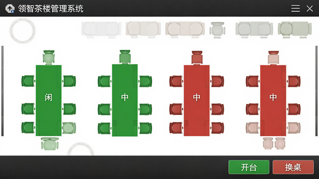 领智茶楼管理系统桌台管理界面截图,以平面图形式展示不同颜色的桌台状态,绿色代表空闲,红色代表使用中,界面简洁直观,带有“开台”和“换桌”按钮,风格写实清晰,画质干净