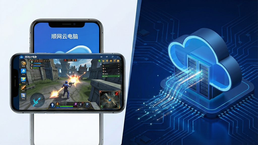一张展示顺网云电脑核心功能的宽幅宣传图,画面左侧是一部智能手机,屏幕中清晰显示“顺网云电脑”的虚拟桌面界面,桌面上运行着大型3D游戏画面;右侧连接着云端数据中心,以光效和数据流象征高速云传输,背景为科技感十足的深蓝色与电路板纹理,整体布局左右呼应,排版大气,风格现代简洁,画质高清干净,无多余元素。